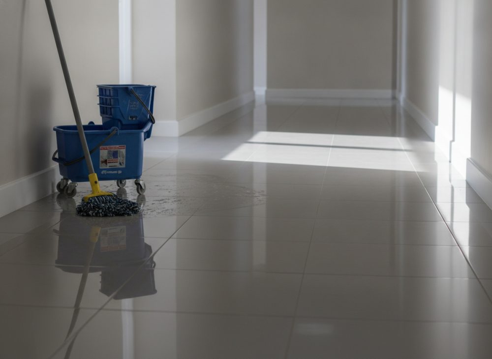A cleaning caddy and mop ready on a gleaming floor