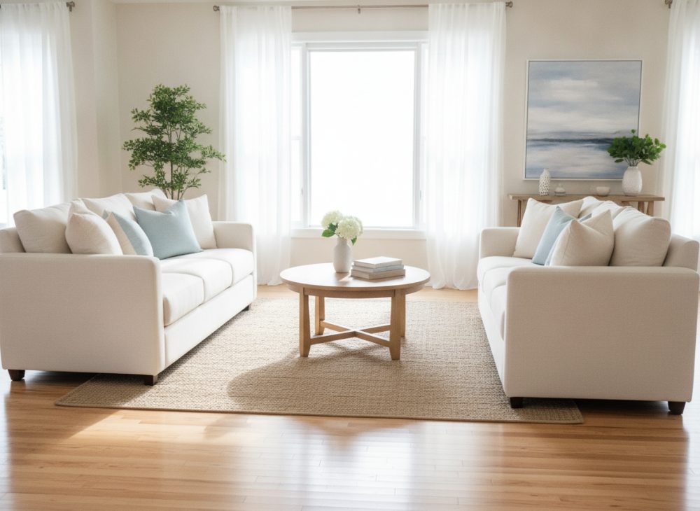 A spotless, sunlit living room after a professional clean
